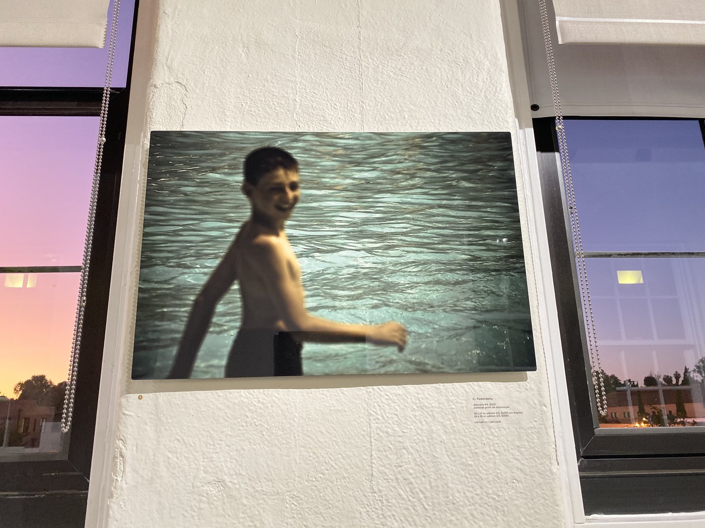 dancers, installation view at Cornel/Henry Art, San Diego, 2019 — a framed photograph of a figure in teal water, against the windows and dusk sky
